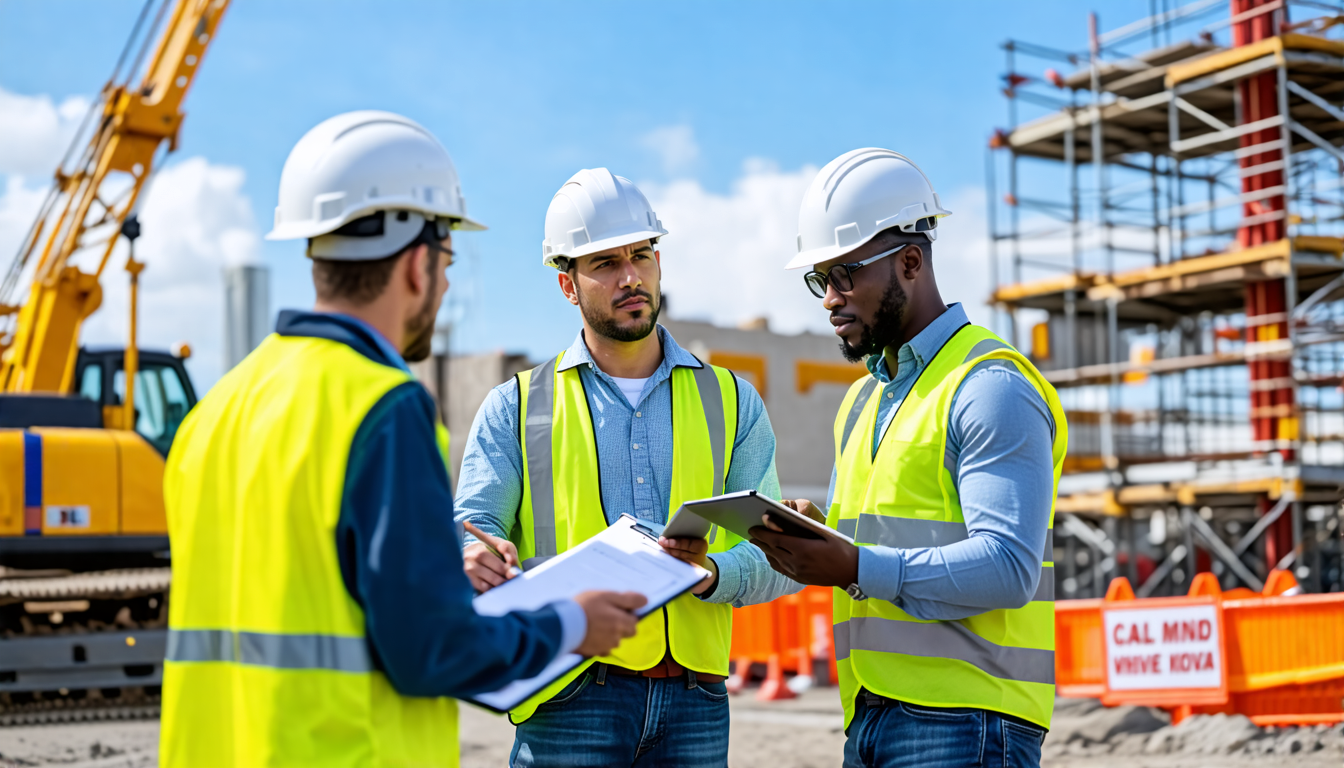 Create an image of a diverse team of safety inspectors conducting a thorough evaluation at a construction site. They are wearing safety helmets, reflective