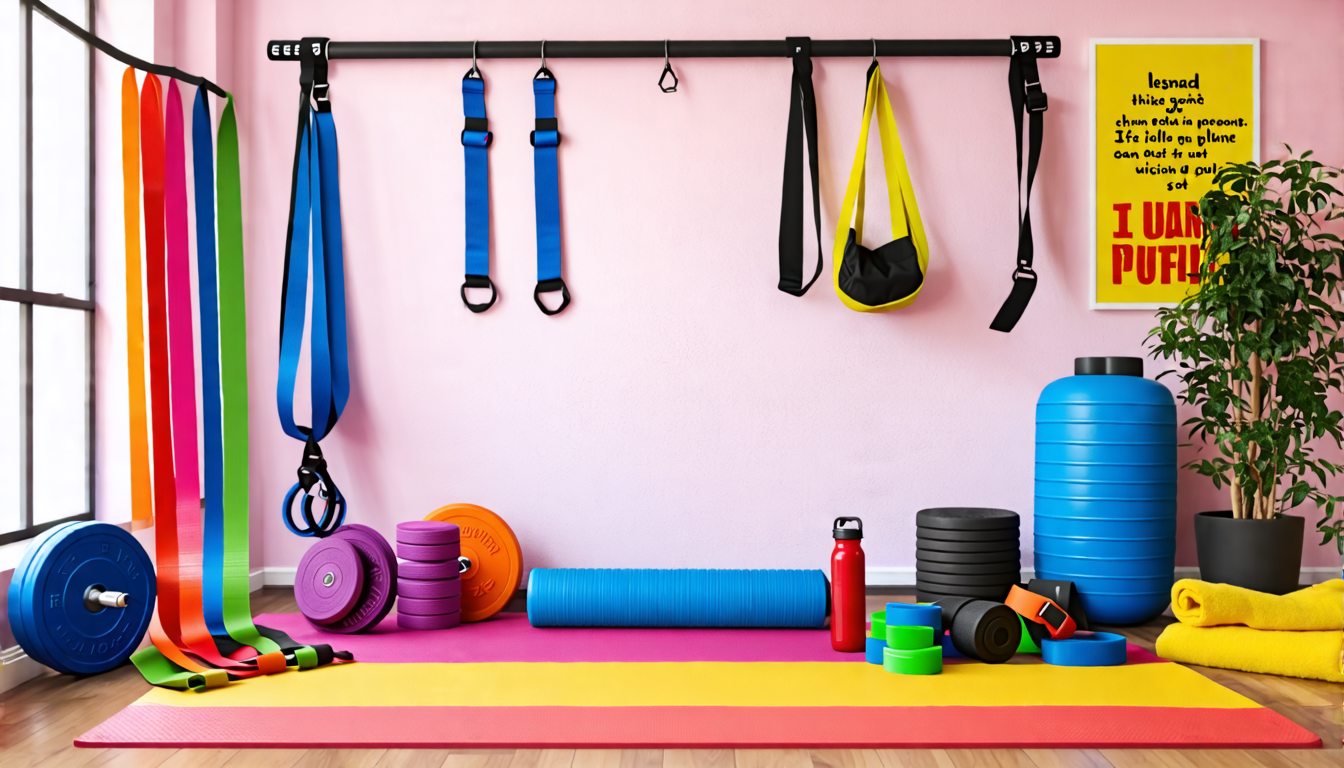 Create an image of a home gym setup with a fitness bar as the centerpiece surrounded by various innovative and colorful accessories. Include weight plates,