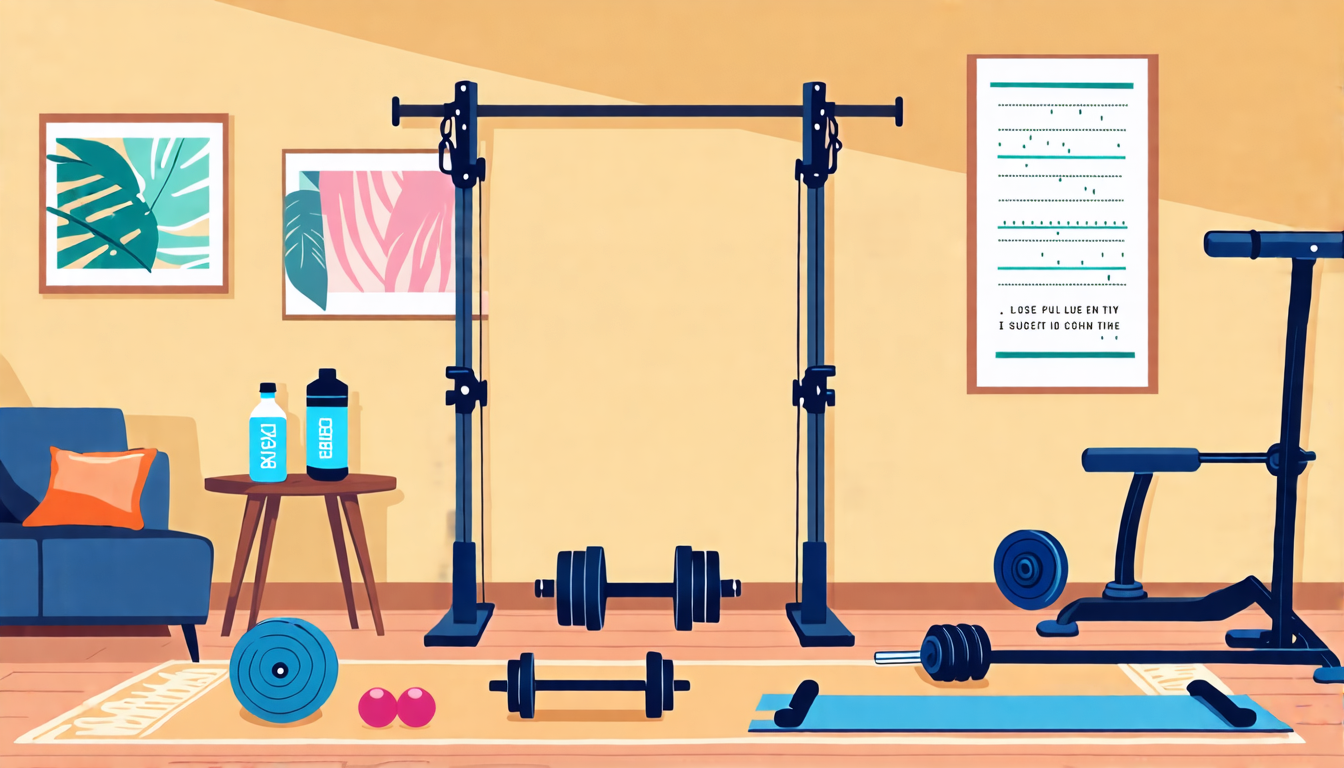 Create an image showcasing a home gym setup featuring a variety of fitness bars, such as pull-up bars, adjustable dumbbells, and resistance bars. Illustrat