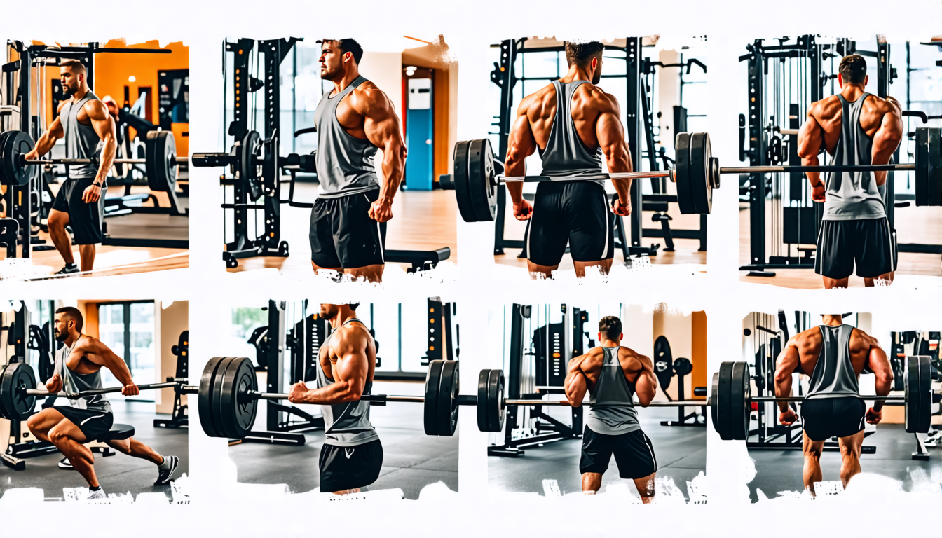 Create an image of a person in a gym setting, focusing on various exercises designed to enhance grip strength with a fitness bar. Show the person performin