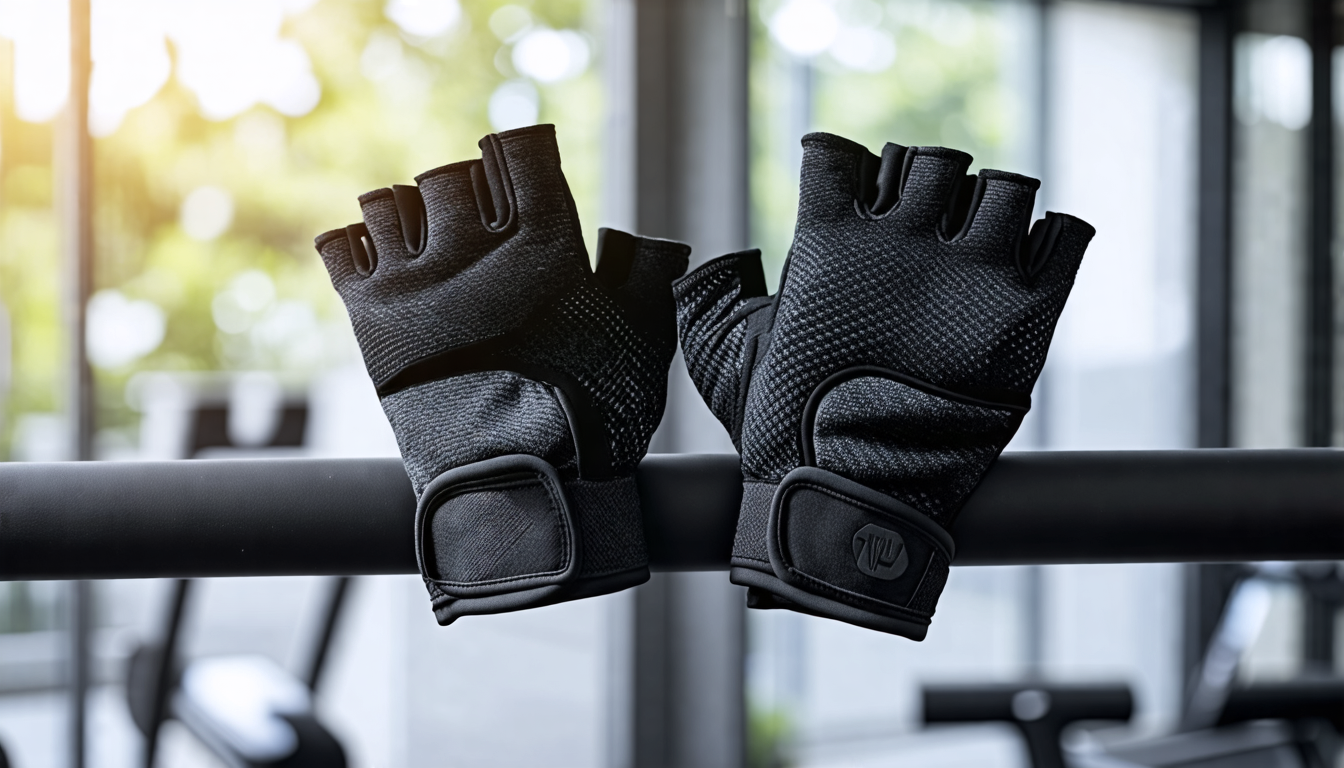 A realistic image of a pair of high-quality, fingerless workout gloves placed on a sleek home fitness bar. The gloves are designed with a durable, non-slip
