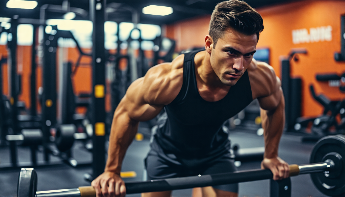 Create an image of a gym with a focus on a fitness bar for a chest workout. The scene should include a person in mid-motion performing a chest-focused exer
