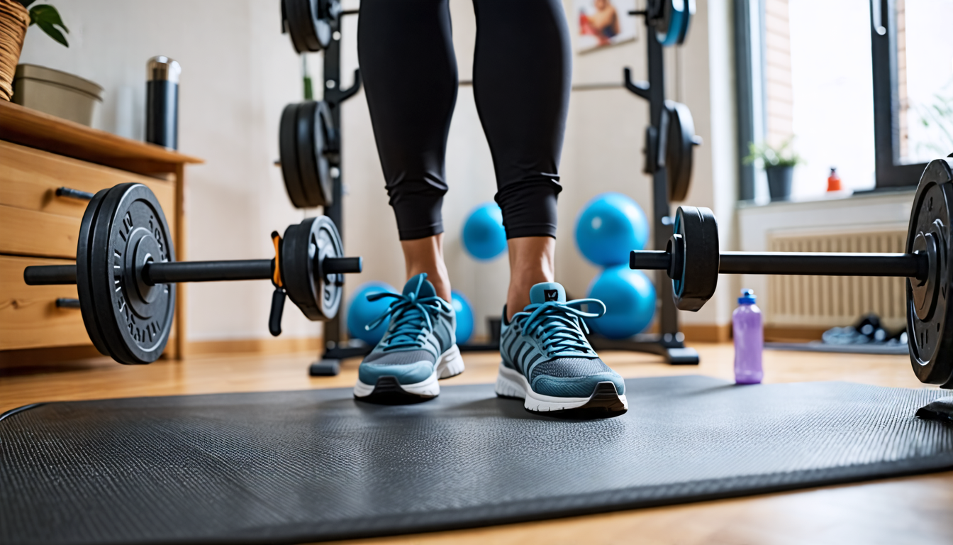 Create an image of a person using a fitness bar in a home gym setting, demonstrating proper safety precautions. Include elements such as a clean, clutter-f