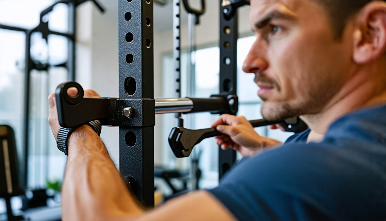 A close-up image of a person inspecting their home fitness bar, showing the bar slightly dislodged from its mounting brackets. The person has a concerned e