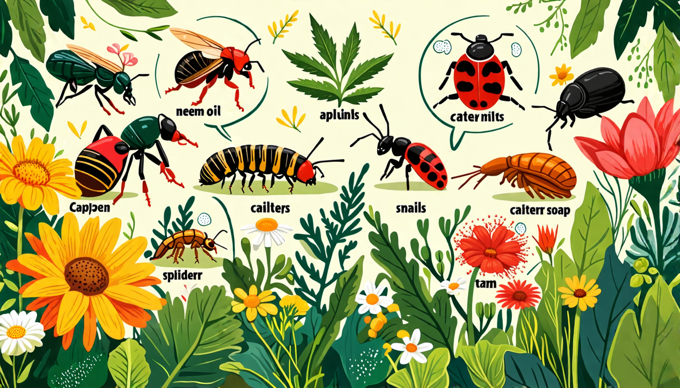 Title: The Most Common Garden Pests and How to Fix Them DALL-E Prompt: An illustrated guide of a lush garden filled with vibrant plants and flowers. Diffe